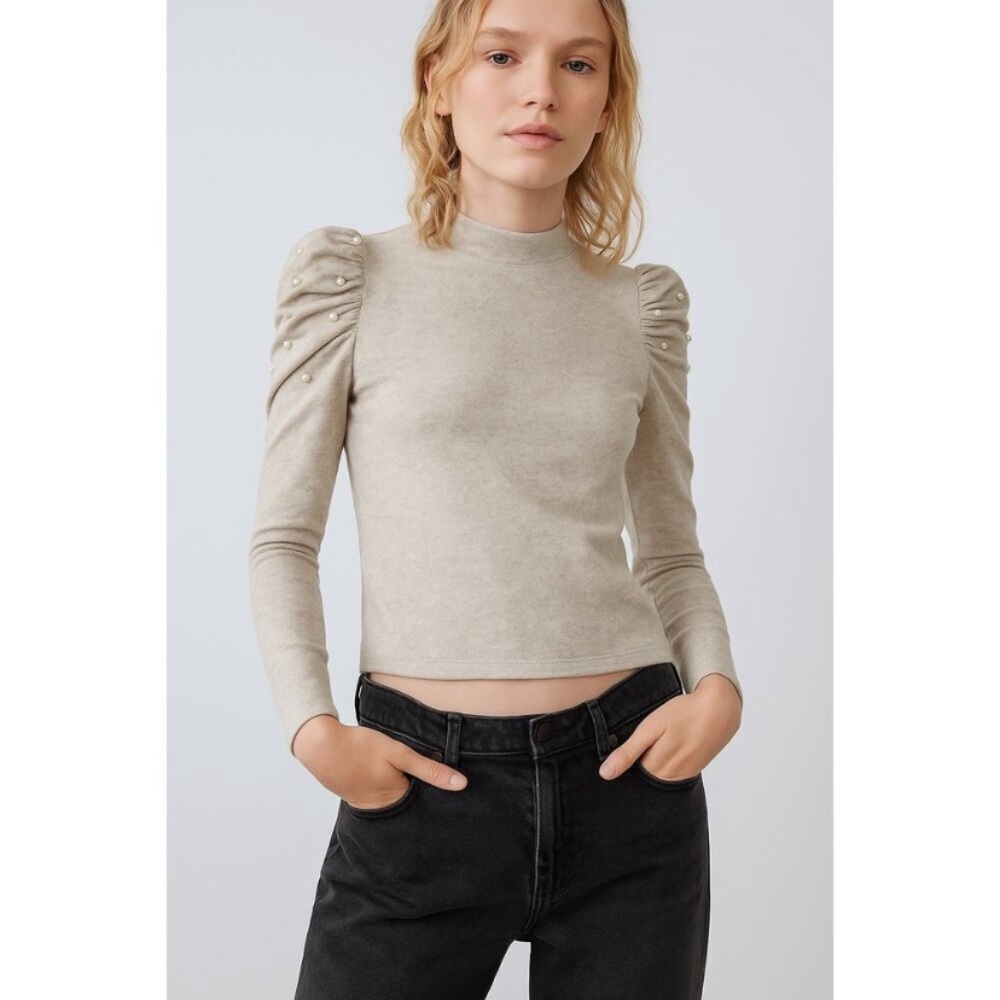 Zara Pearl-Embellished Puff Sleeve Sweater in Beige